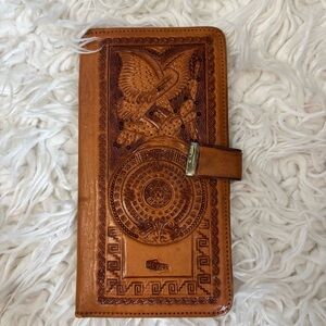Vintage Hand Tooled Leather Wallet Mexico Eagle Aztec Calendar
